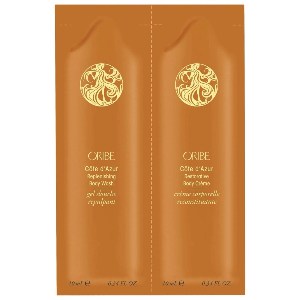 Three Oribe Cote d'Azur Body Wash and Cream Sample Packs